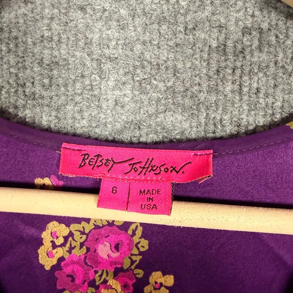 Betsey Johnson Size 6 Tiered Midi Shift Dress Purple Brown Silk Floral V Neck - Picture 7 of 10